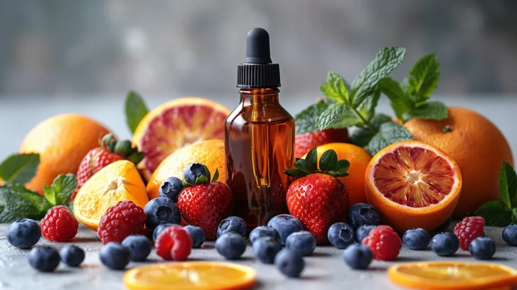 Flacon de e-liquide en verre ambré entouré de fruits frais variés, incluant des oranges, des fraises, des myrtilles et des framboises, sur un fond gris texturé. Ce flacon d'e-liquide est présenté comme une source de saveurs naturelles pour les cigarettes électroniques, illustrant une variété de saveurs fruitées que les vapoteurs peuvent apprécier. La composition vibrant et colorée met en valeur les ingrédients de qualité utilisés dans ces e-liquides.