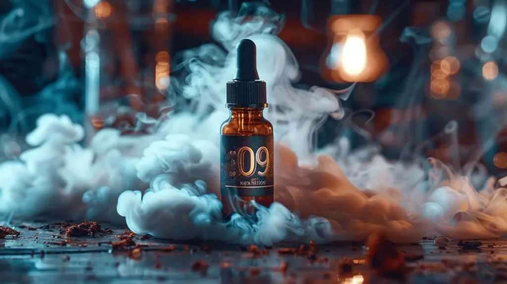 Flacon de e-liquide étiqueté "09" entouré de vapeur de vape, illustrant l'importance des dosages de nicotine. La question "0 9 de nicotine puff" est essentielle pour les utilisateurs cherchant un dosage précis.