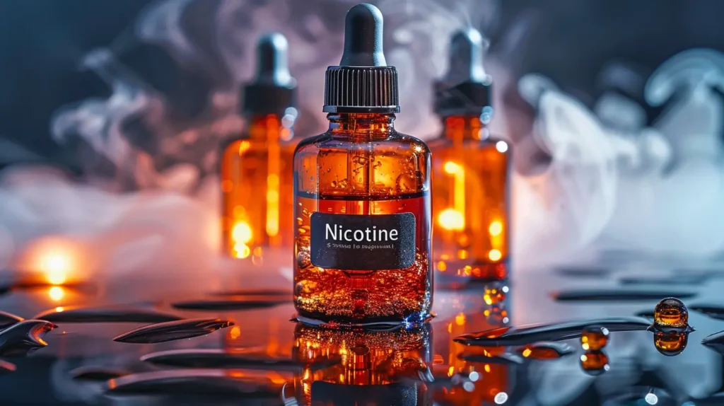 Une bouteille d'e-liquide de nicotine en gros plan, entourée de vapeur et d'un éclairage tamisé, illustre l'importance de choisir la bonne concentration de nicotine pour vapoter sans danger.