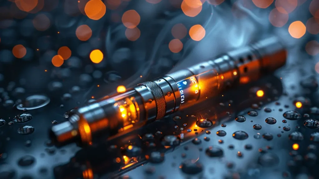 Cigarette électronique avancée avec réservoir transparent plein d'e-liquide orange brillant sur fond noir parsemé de gouttes d'eau. Les lumières bokeh orange ajoutent une touche chaleureuse et mystérieuse, mettant en évidence la vapeur s'échappant élégamment du dispositif. Cette représentation artistique souligne le design moderne et la technologie de pointe de la cigarette électronique.