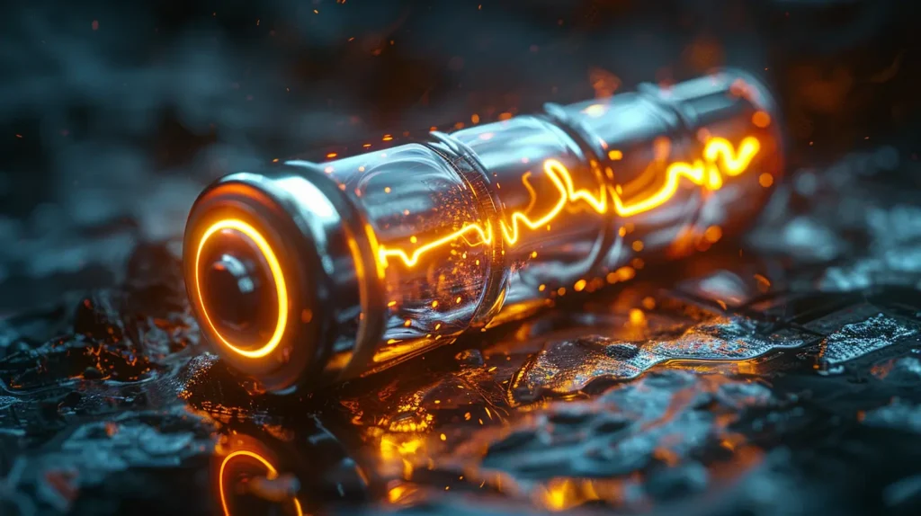 Image conceptuelle d'une batterie de cigarette électronique jetable avec un filament lumineux en forme de 'sunshine' encapsulé dans un cylindre de verre, émettant une lueur orange intense sur un fond sombre et texturé. Cette représentation artistique souligne la puissance et l'innovation dans la technologie des batteries pour cigarettes électroniques, capturant l'essence dynamique de la vape moderne.