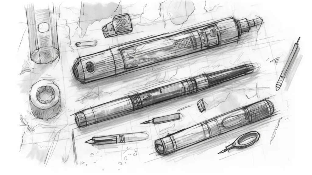 Esquisse détaillée des premières étapes de conception de puff cigarettes électroniques, illustrant divers éléments démontés et des outils de dessin. Cette image montre des puffs cigarettes électroniques en différentes phases de développement avec annotations et dimensions, idéales pour visualiser l'évolution du design des dispositifs de vapotage.