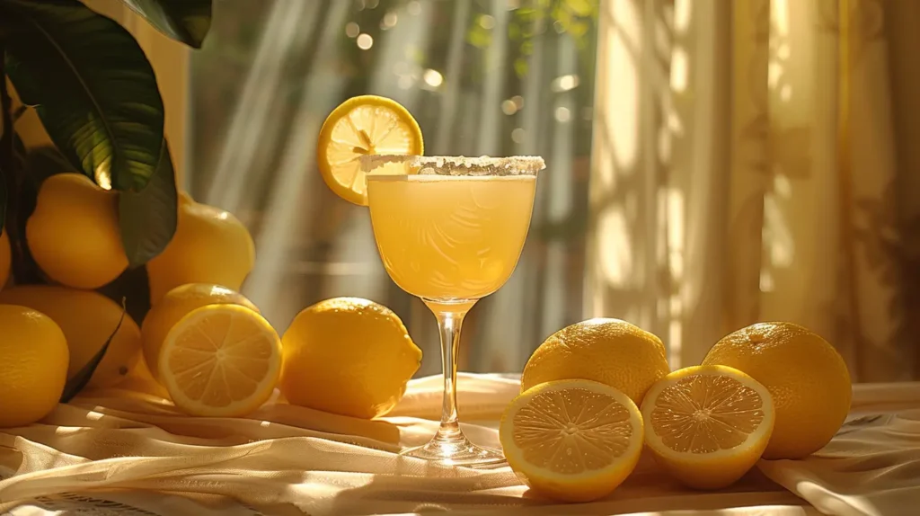 Un verre de limonade entouré de citrons frais, représentant les bienfaits du citron pour la santé et la désintoxication.