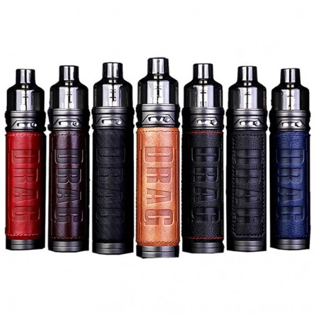 Gamme complète de cigarettes électroniques Voopoo Drag X en divers coloris, présentées côte à côte. Chaque dispositif est équipé d'un réservoir et d'une finition en cuir texturé, disponible en rouge, bleu, noir, et brun. Idéal pour illustrer la variété et le style moderne des options disponibles pour les vapoteurs.