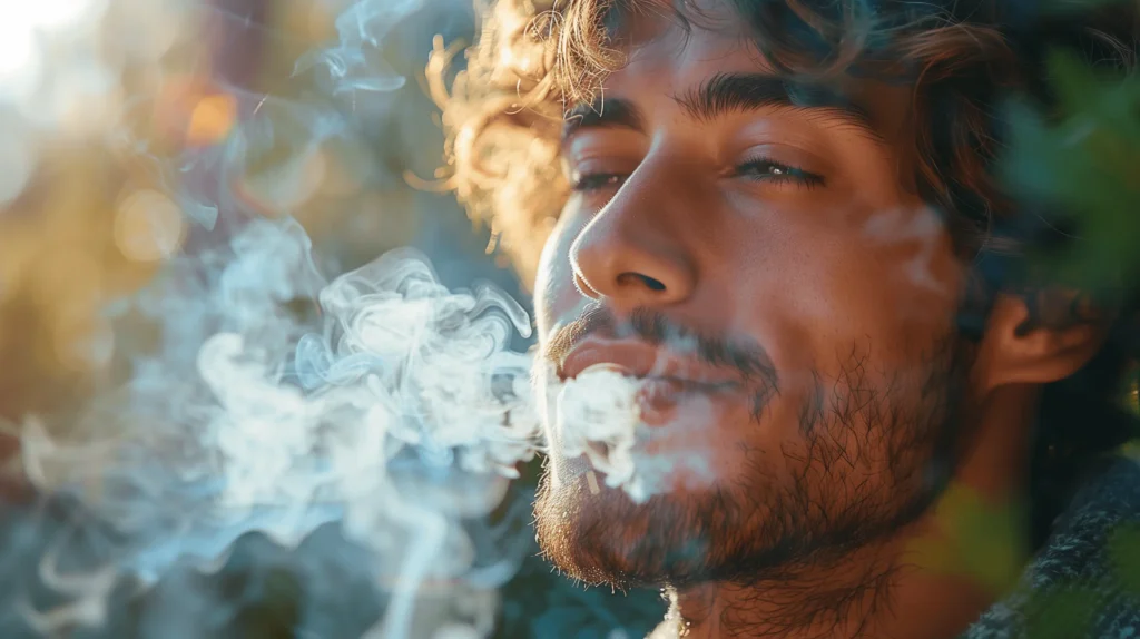 Un jeune homme barbu avec des cheveux bouclés exhale de la vapeur en plein air, entouré d'une lumière naturelle douce. Cette image illustre les bienfaits du vapotage, notamment le plaisir et la relaxation qu'il procure par rapport au tabagisme traditionnel.