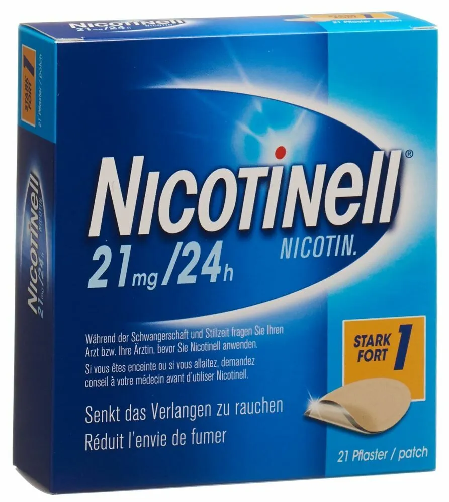 Boîte de patchs de nicotine Nicotinell 21 mg/24h, destinée à réduire l'envie de fumer et à aider au sevrage tabagique, avec des informations en allemand et en français sur l'emballage.