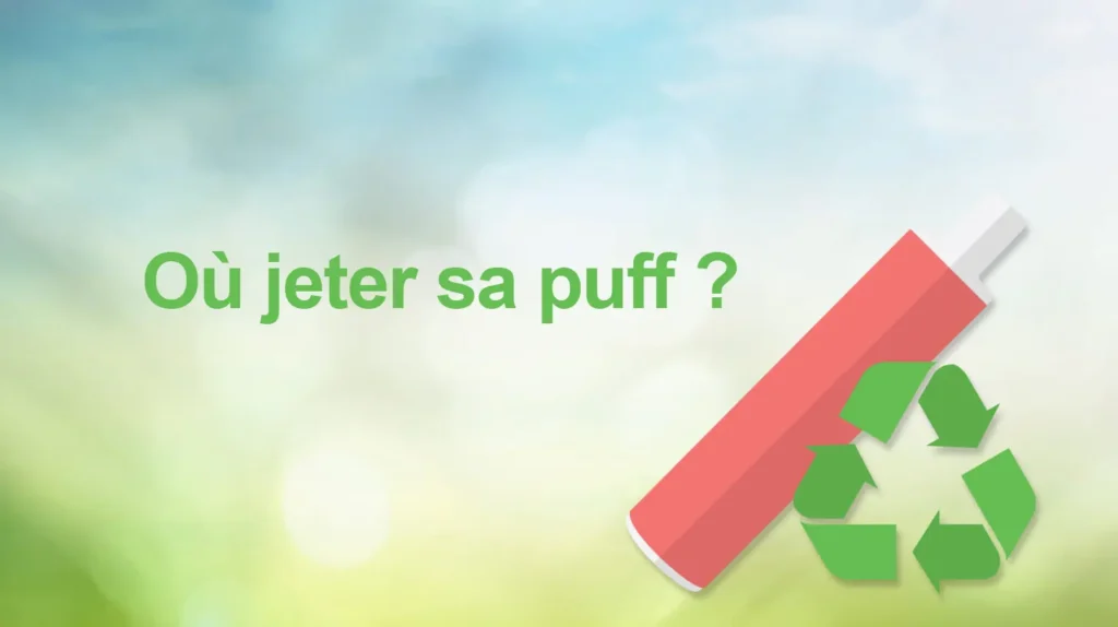 Où jeter sa puff ? Illustration montrant une cigarette électronique jetable avec un symbole de recyclage