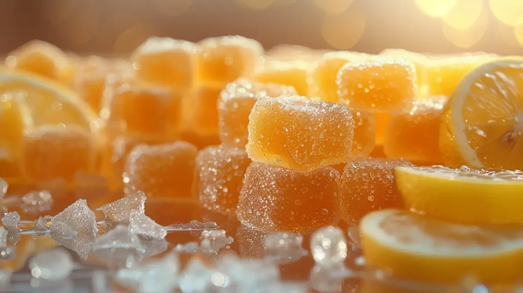 Des cubes de gelée de citron, illustrant une approche naturelle et douce pour réduire la dépendance à la nicotine. 