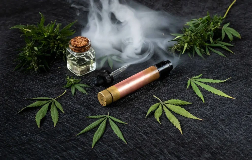 Cigarette électronique de style vape pen entourée de feuilles de cannabis et de vapeur sur un fond en tissu noir. À côté, une bouteille de e-liquide au CBD et des feuilles fraîches de cannabis, illustrant l'utilisation du CBD dans les produits de vapotage pour une expérience relaxante.