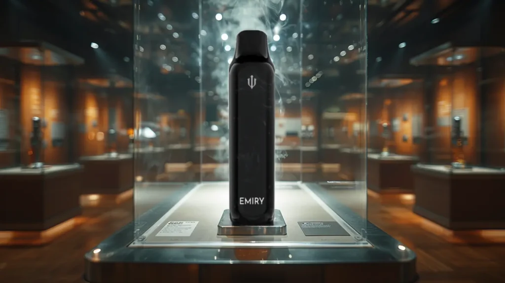 Une cigarette électronique jetable noire de marque Emiry exposée dans une vitrine en verre dans un environnement élégant, représentant la question "la Puff Cigarette C'est Quoi ?"