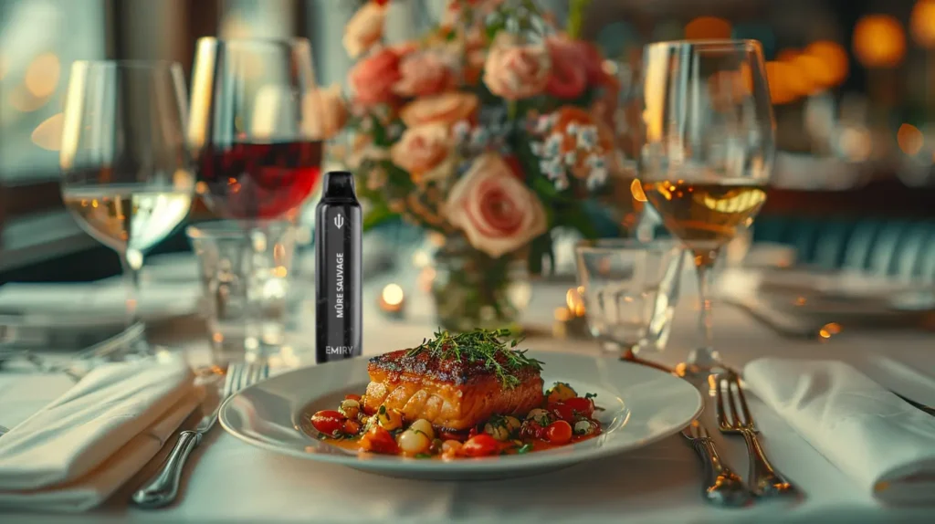 Cigarette électronique jetable Emiry saveur Mûre Sauvage posée sur une table de dîner élégamment dressée avec un plat gastronomique et des verres de vin