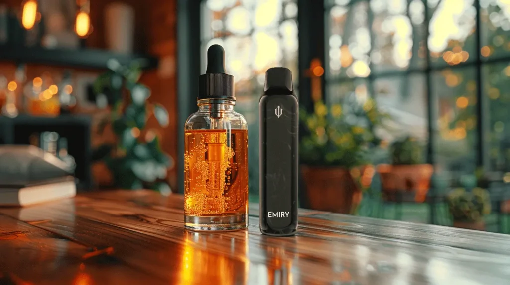 Flacon en verre de e-liquide de nicotine sur une table en bois, à côté d'une puff nicotine Emiry dans un environnement intérieur chaleureux et bien éclairé. Cette image met en avant les options modernes pour les consommateurs de nicotine, avec un focus sur les puffs et les solutions élégantes de vapotage.