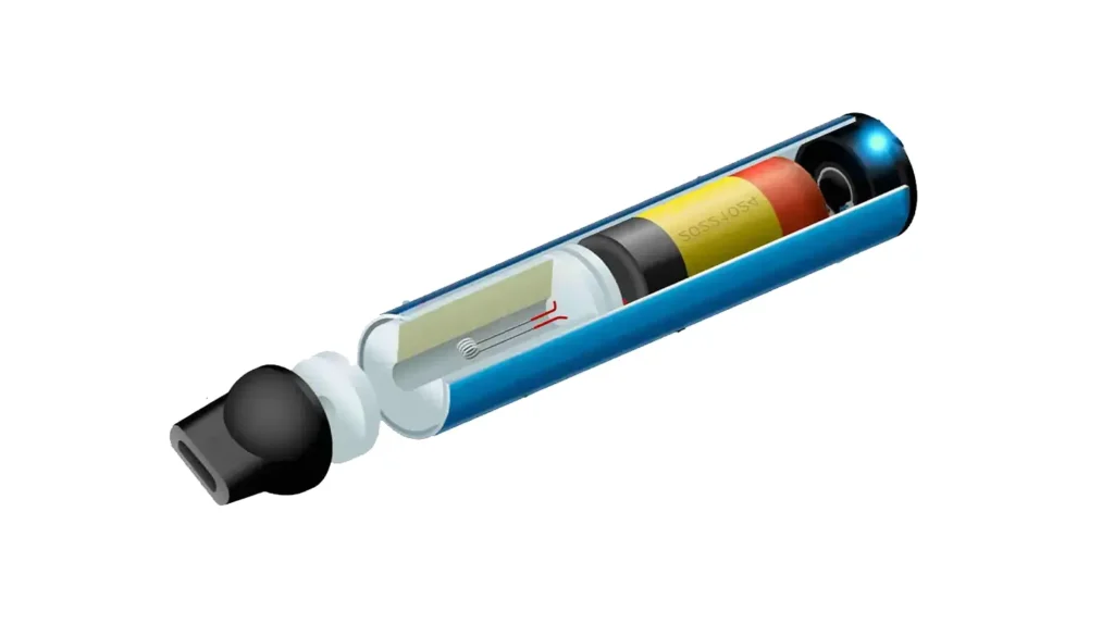 Vue éclatée des composants internes d'une cigarette électronique puff, incluant la batterie, le réservoir de e-liquide, et l'atomiseur.