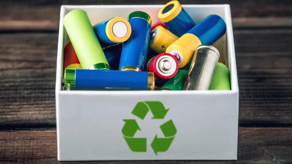 Boîte contenant des batteries recyclables multicolores, avec un symbole de recyclage vert sur le devant.