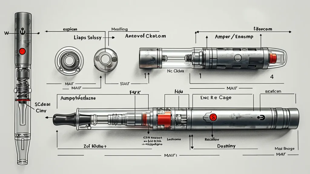 Schéma détaillé d'une cigarette électronique avancée, idéale pour les gros fumeurs, affichant les divers composants et fonctions internes. L'image montre plusieurs vues de l'appareil, y compris des sections transversales et des pièces démontées, avec des annotations techniques précises. Ce diagramme illustre les technologies de pointe intégrées dans les cigarettes électroniques pour offrir une expérience de vapotage supérieure.