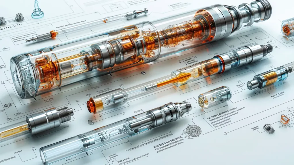 Gros plan sur plusieurs composants de cigarettes électroniques, disposés sur des schémas techniques détaillés. Cette image montre la complexité et l'ingénierie derrière les dispositifs de vapotage, illustrant les différentes parties et leur fonctionnement.