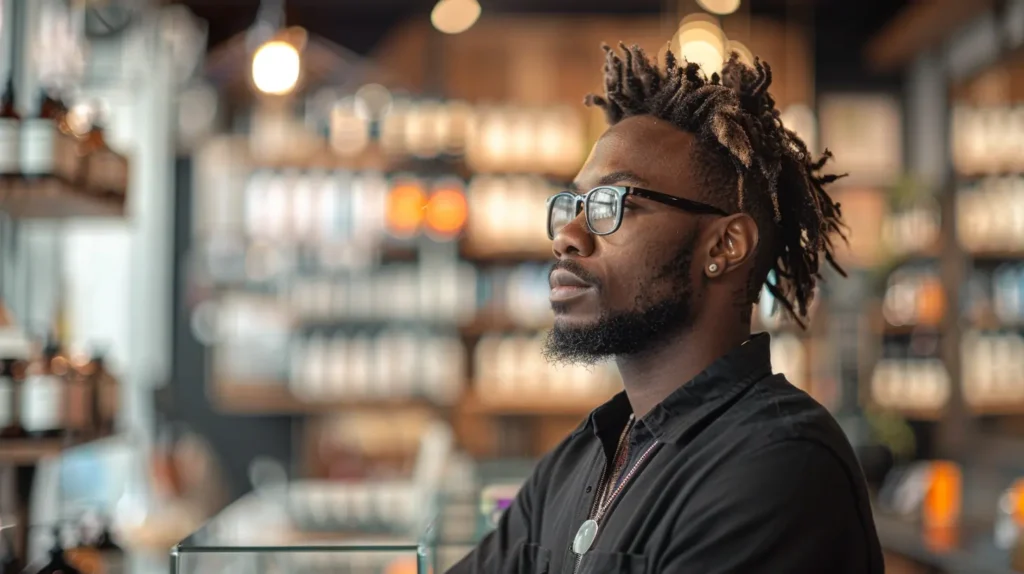 Un jeune homme avec des lunettes et une barbe soigneusement taillée est debout dans une boutique spécialisée, entouré de produits de vapotage sur les étagères. Il regarde au loin, semblant réfléchi, illustrant l'intérêt et la contemplation autour du choix de vapoter pour arrêter de fumer.