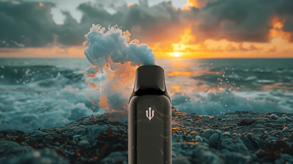 Une cigarette électronique puff émettant de la vapeur devant un coucher de soleil surplombant la mer. Découvrez quelle puff choisir pour une expérience de vape relaxante et adaptée à vos préférences.