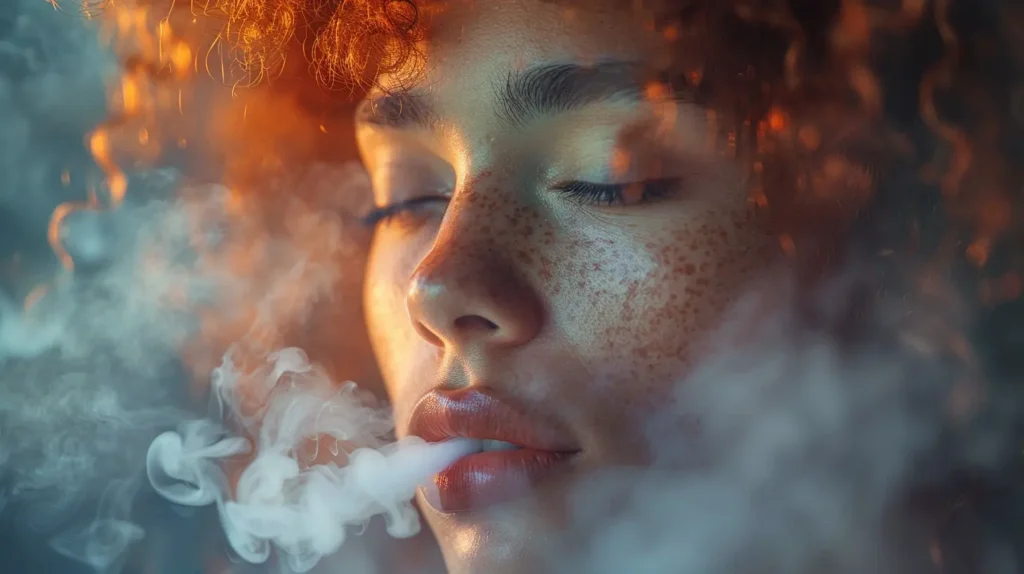 Une femme entourée de fumée de cigarette électronique, les yeux fermés, illustrant la lutte contre l'addiction à la cigarette.