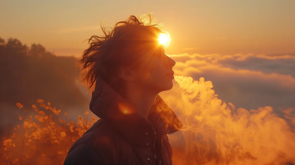 Une personne en plein air, portant une veste, vapote au lever du soleil. La vapeur exhalée se mélange à la lumière dorée du soleil, créant une ambiance sereine et contemplative, symbolisant l'acte de vapoter pour arrêter de fumer.