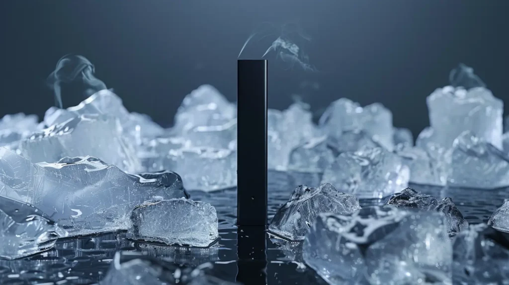 Une cigarette électronique de style puff ice noire entourée de blocs de glace, symbolisant la fraîcheur et la pureté des saveurs glacées offertes par la puff ice.