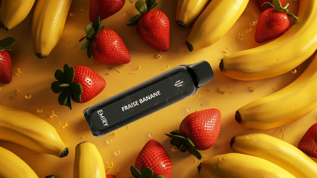 Puff Emiry Aura Mini saveur fraise banane entourée de fraises et bananes, illustrant une combinaison de saveurs fruitées.