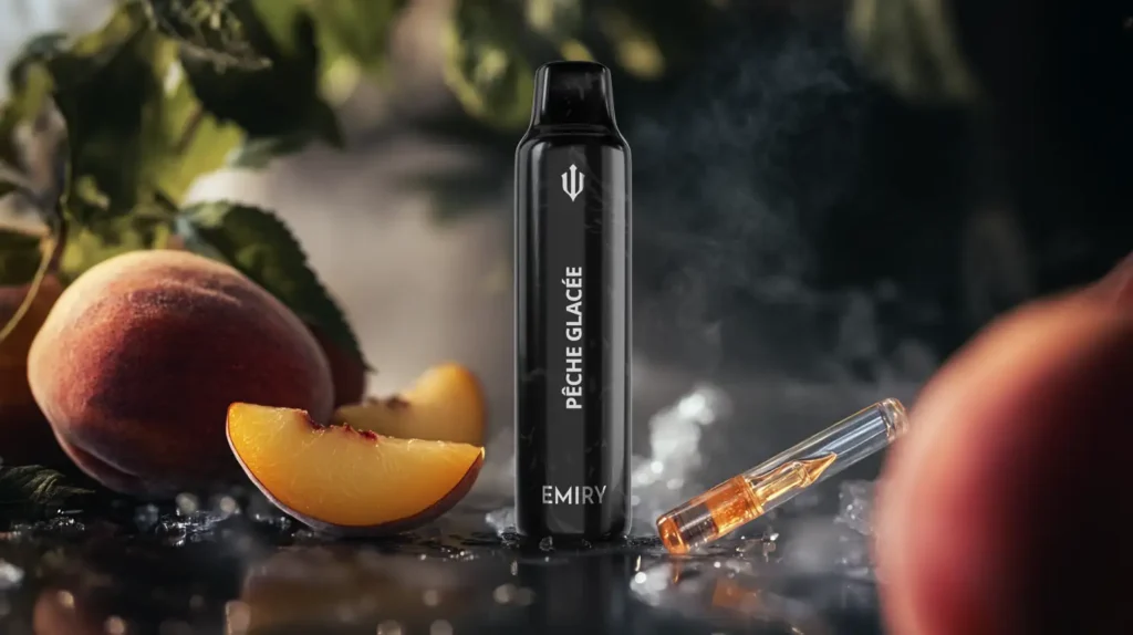 Puff pêche glacée Emiry Aura Mini entourée de pêches fraîches, offrant une expérience de vape rafraîchissante et fruitée.