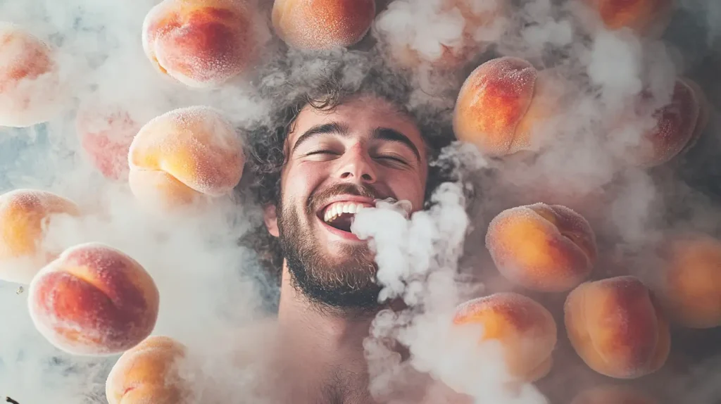 Homme souriant entouré de pêches glacées, capturant l'essence de la puff pêche glacée appréciée par les utilisateurs.