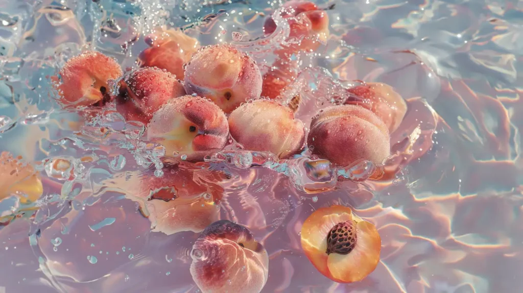 Pêches juteuses éclaboussées d'eau, capturant la fraîcheur et la saveur intense de la puff pêche.