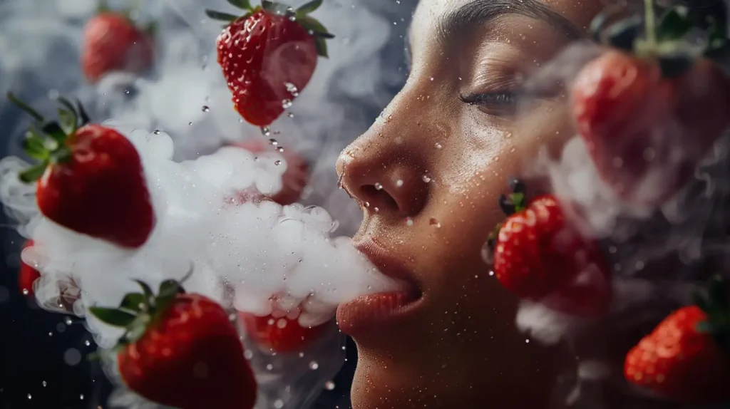 Visage féminin entouré de fraises et de vapeur, représentant le choix de la meilleure Puff Fraise pour une expérience fruitée.