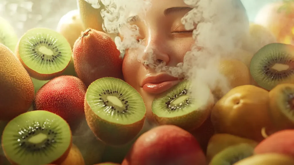 Gros plan d'un visage entouré de tranches de kiwi, avec de la vapeur tourbillonnant autour, mettant en valeur l'expérience rafraîchissante d'une Puff Kiwi Passion Goyave.