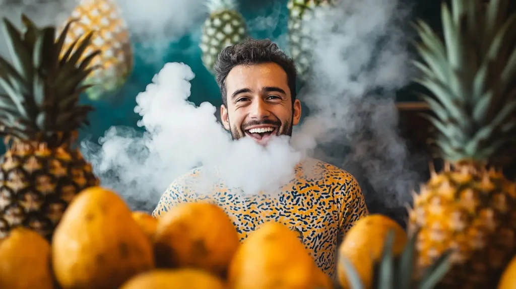 Homme souriant entouré d'ananas et de mangues, exhalant une vapeur évoquant la saveur tropicale d'une puff mangue ananas