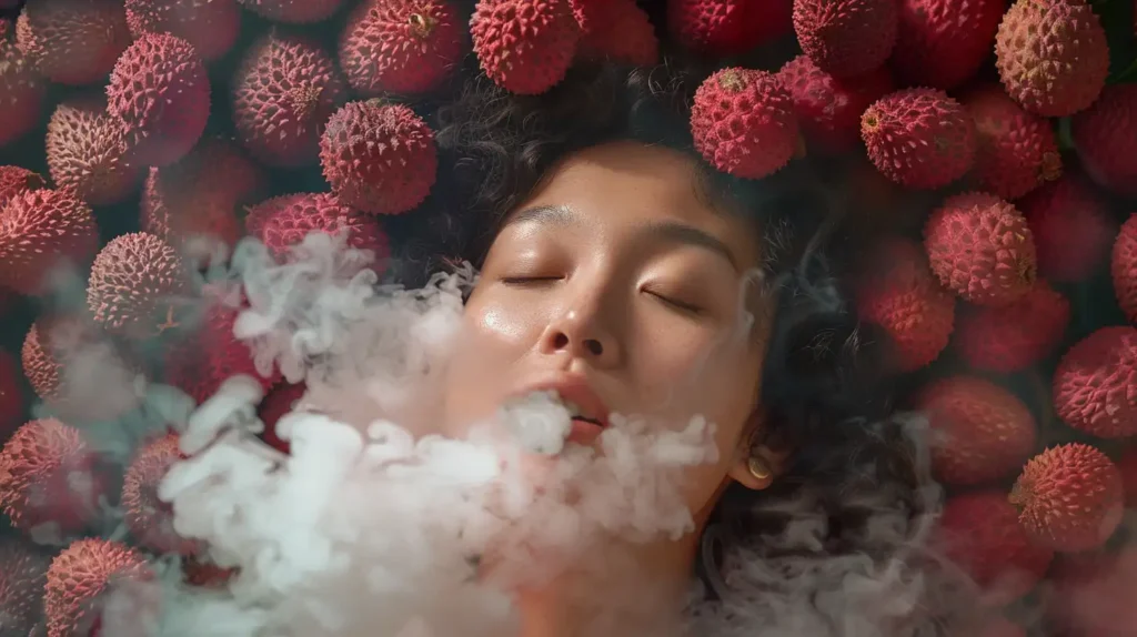 Femme entourée de litchis, expirant de la vapeur de sa puff litchi glacé.