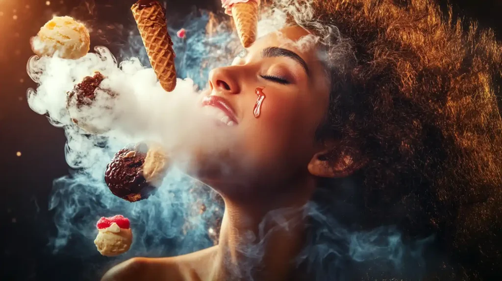 Une représentation artistique et onirique des arômes sucrés de puff saveur gourmande flottant dans un nuage de vapeur autour d'une femme.