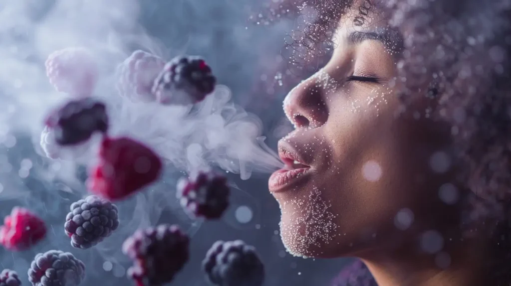 Un homme vapotant, entourée de fruits rouges gelés, évoquant la fraîcheur et la saveur intense des puffs au goût de fruits rouges.