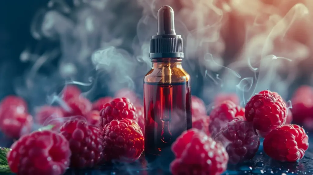 Flacon de liquide pour puff framboise entouré de framboises, capturant l'essence concentrée de la saveur framboise pour une expérience de vapotage authentique.