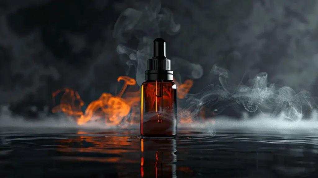 "Flacon de liquide pour vape avec dosage de nicotine entouré de fumée et flammes" - Un flacon de liquide pour vape transparent rempli d'un liquide ambré est placé au centre, entouré de volutes de fumée et de flammes oranges. Cette image illustre l'importance du choix précis du dosage de nicotine pour une expérience de vape personnalisée.