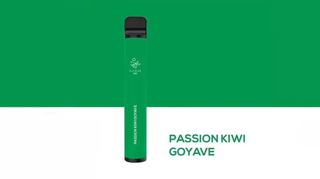 Un élégant dispositif de vape Puff Kiwi Passion Goyave elf bar de couleur verte sur un fond minimaliste, mettant en avant son goût frais et exotique.