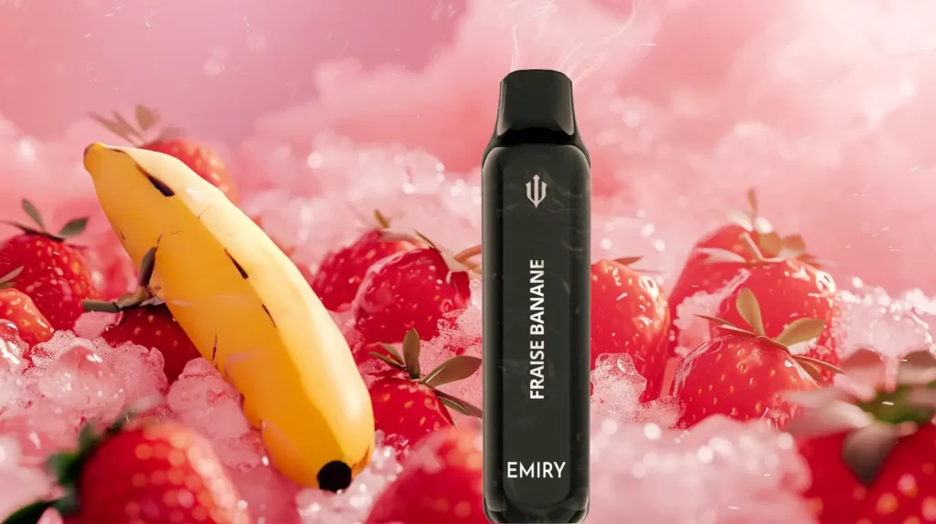 Puff saveur fraise banane Emiry Aura Mini entouré de fraises et d'une banane sur un lit de glace.