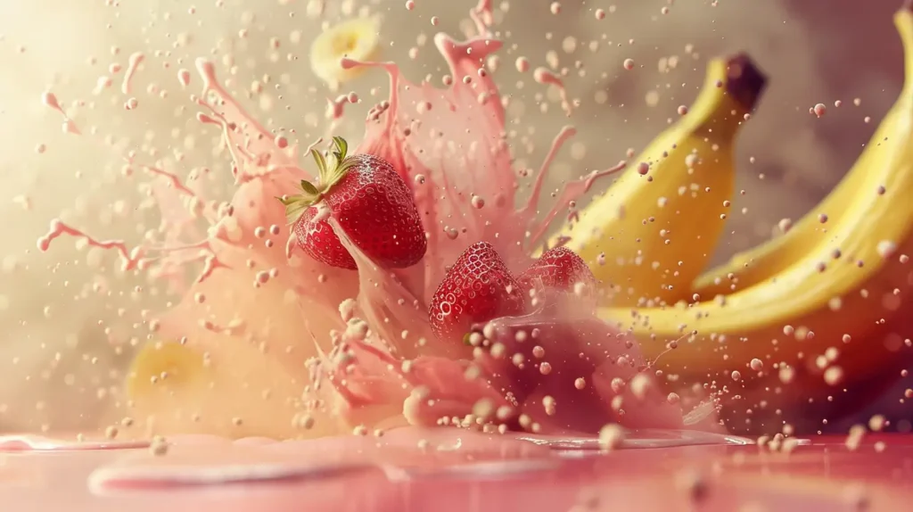 Explosion de fraises et bananes dans un smoothie, représentant la saveur intense de la Puff fraise banane.