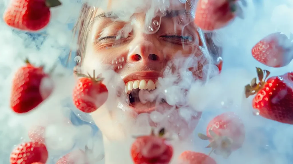 Femme souriante entourée de fraises et de vapeur, capturant la douceur du goût de la Puff Fraise.