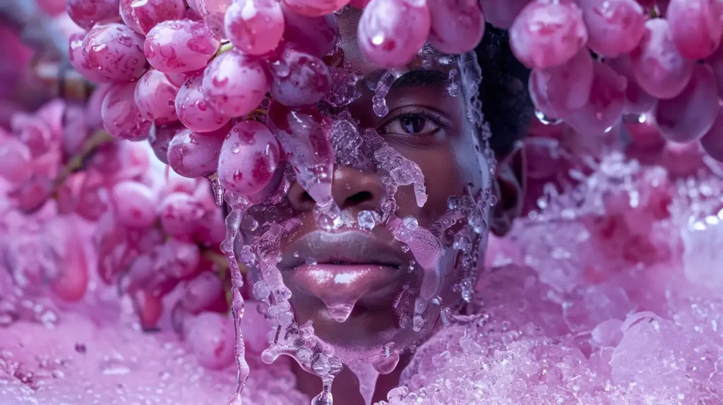 Un visage humain entouré de raisins violets givrés. Des glaçons et de la glace fondue recouvrent le visage, mettant en valeur la fraîcheur et la saveur de raisin glacé.