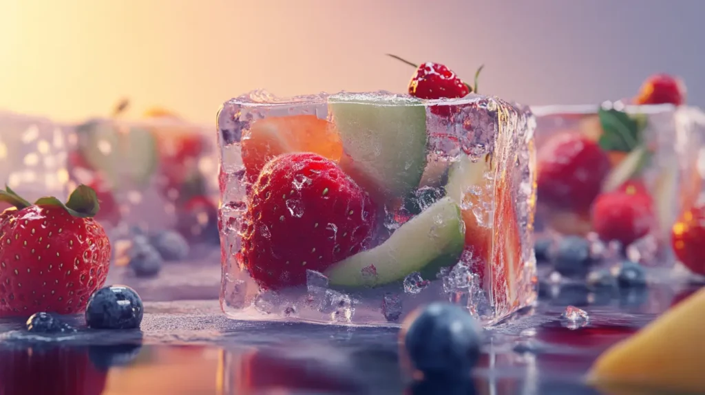 Des cubes de glace renfermant des fruits frais comme des fraises, oranges, et melons, représentant les saveurs fruitées et glacées de la puff ice, parfaites pour une expérience de vapotage rafraîchissante.