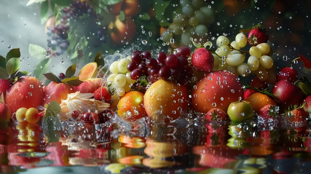 Mélange vibrant de fruits frais éclaboussés d'eau, illustrant les saveurs populaires de puff fruitées.