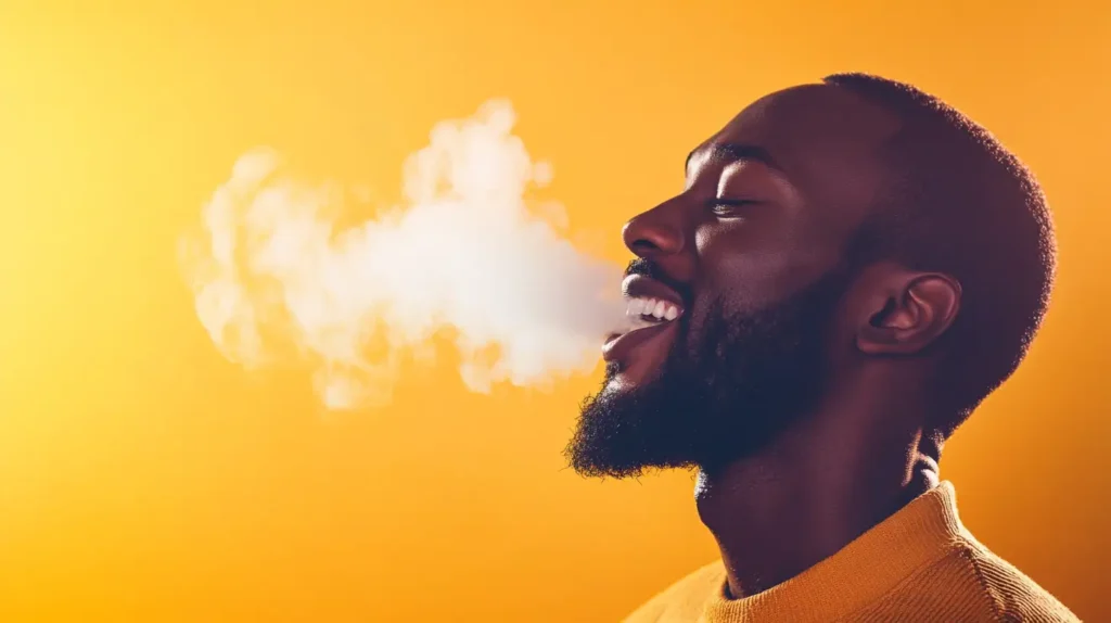 Homme souriant exhalant une vapeur légère, évoquant la fraîcheur d'une puff mangue glacée sur un fond chaleureux orange