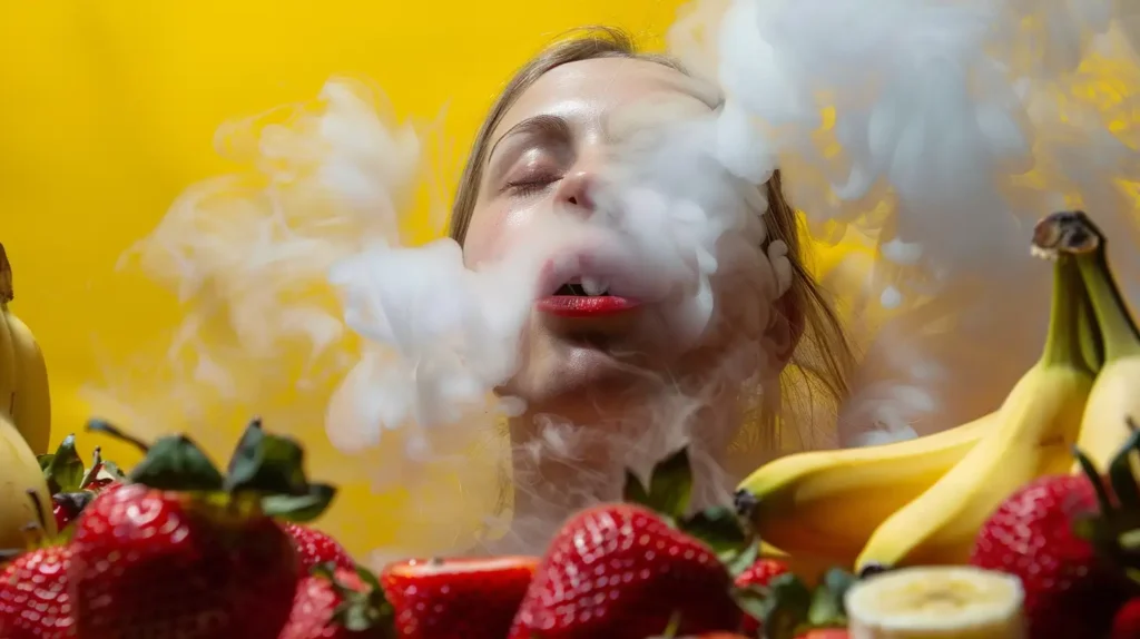 Femme inhalant de la vapeur entourée de fraises et de bananes, mettant en valeur l'expérience de la Puff fraise banane.