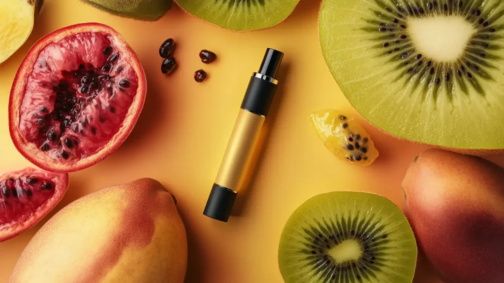 Un stylo vape Puff Kiwi Passion Goyave placé parmi des tranches de fruits de la passion et de kiwi, montrant le mélange de saveurs sucrées et acidulées.