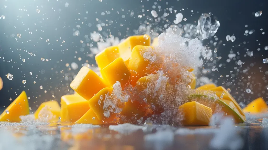 Explosion de saveurs avec des morceaux de mangue et de la glace pilée, rappelant l'expérience gustative d'une puff mangue glacée et son arôme fruité