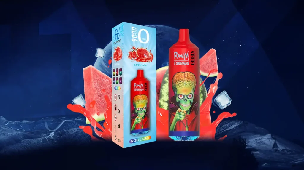 "RandM Tornado 9000 avec design unique et saveur lush ice" - Un dispositif RandM Tornado 9000 avec un design accrocheur montrant un personnage cartoon, placé avec son emballage sur un fond sombre, mettant en valeur sa saveur lush ice et son attrait visuel distinctif.