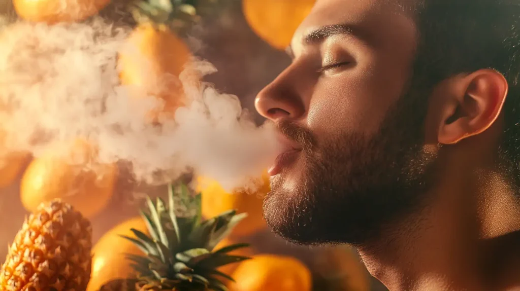 Gros plan d'un homme expirant une vapeur parfumée, entouré d'ananas, évoquant l'arôme tropical d'une puff mangue ananas